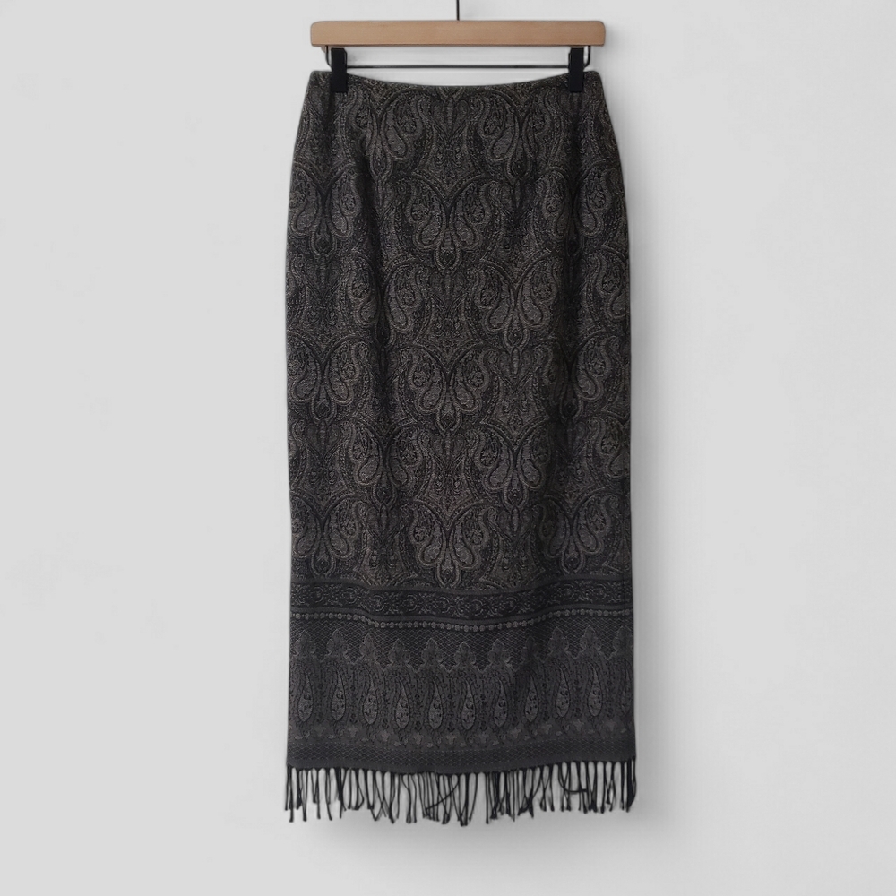 Talbots Black & Brown Paisley Wool Maxi Skirt – Fringe Hem Size 6